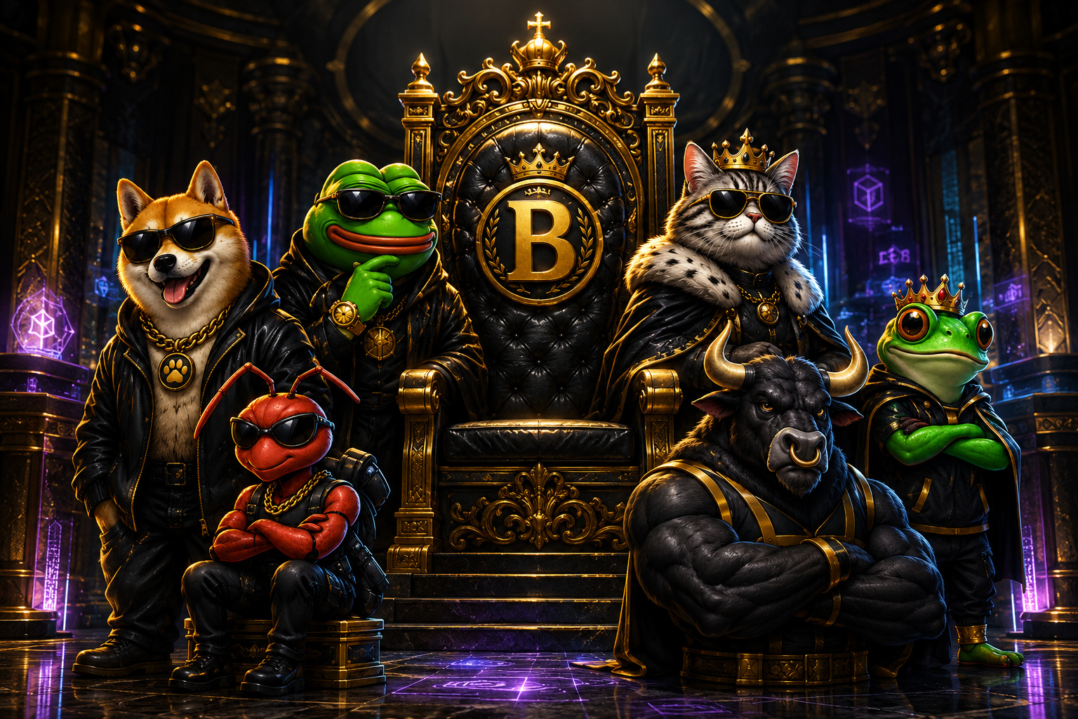 The six meme bosses gathered around the golden throne